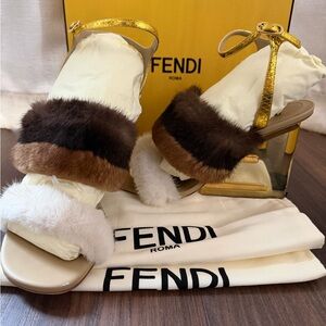 Fendi Gold and Brown Fur Strap Sandals